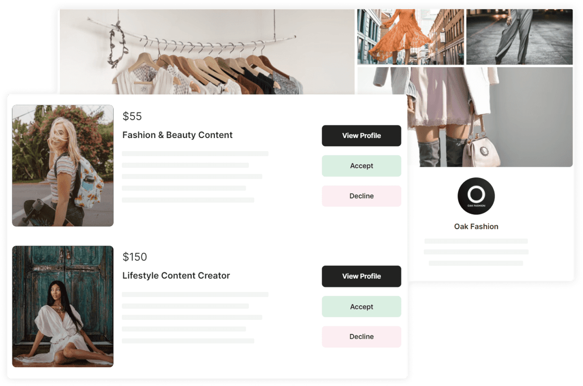 Influencer campaign brief interface showing influencer applications